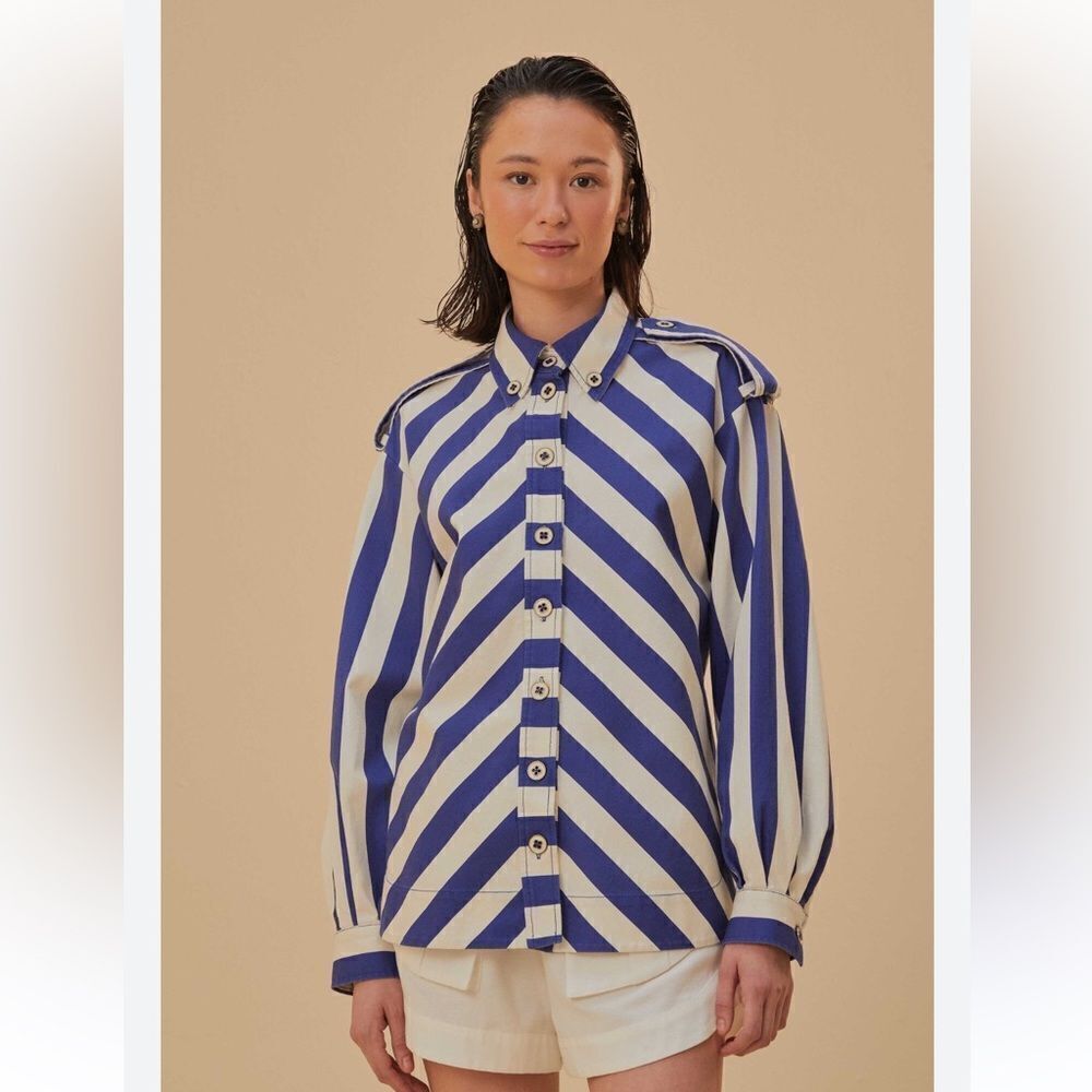 Farm Rio Blue Striped Long Sleeve Shirt NWT XS